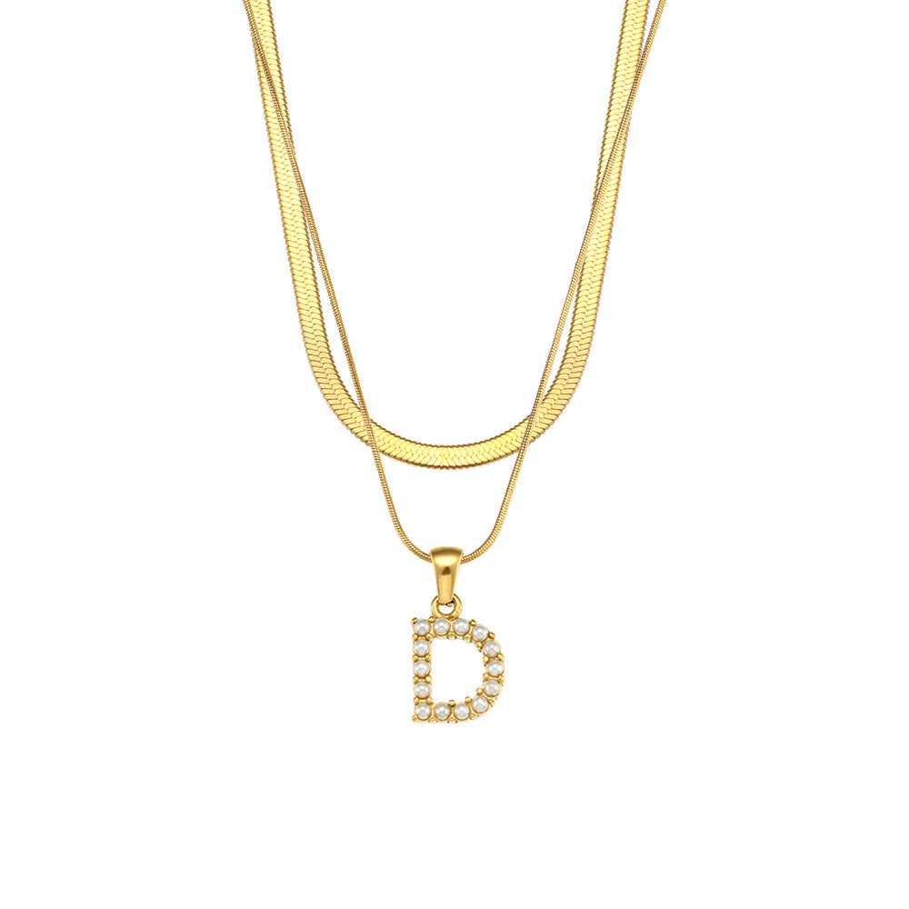 Imitation pearl letter D pendant on layered stainless steel chains