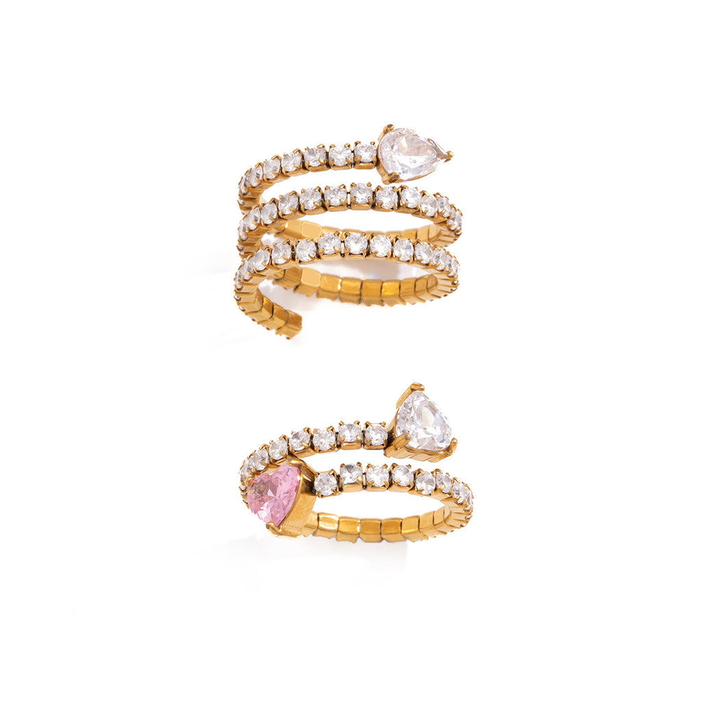 Tall clear spiral and pink-accent open ring