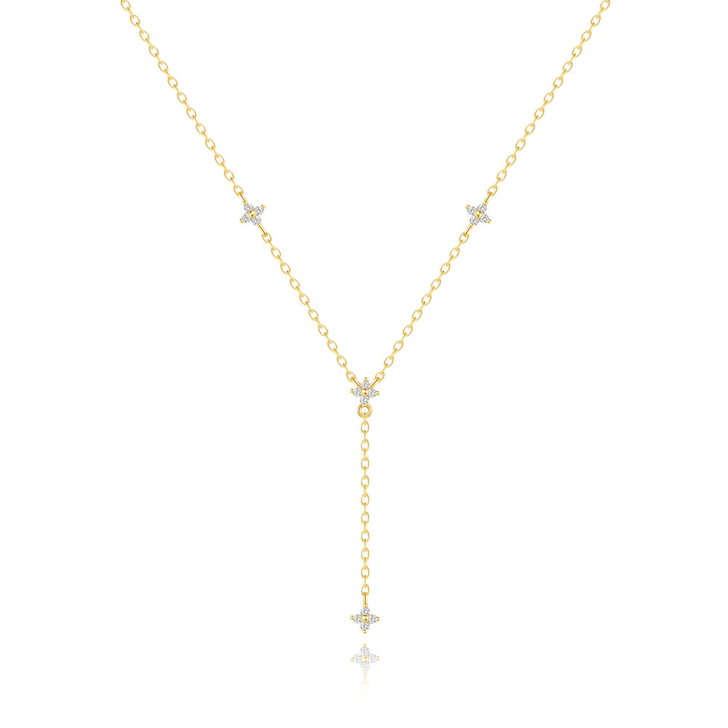 isolated sterling silver Y necklace with zirconia flowers