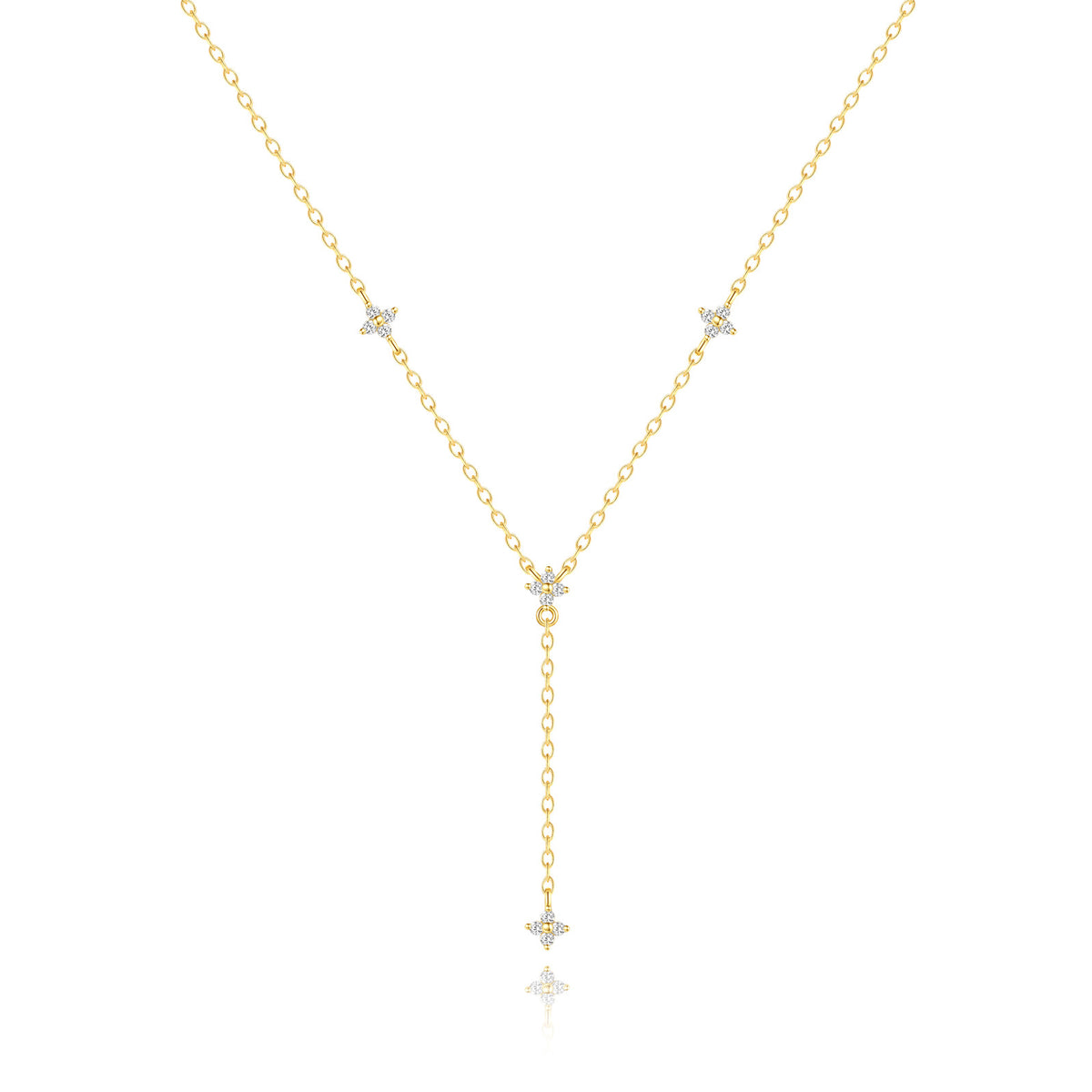 isolated sterling silver Y necklace with zirconia flowers