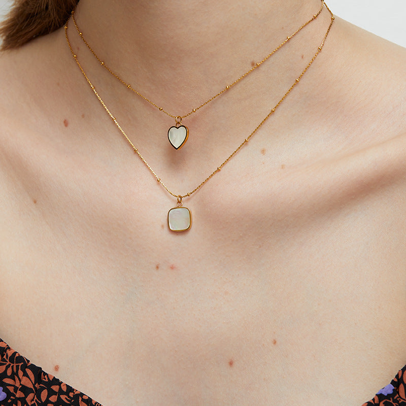 Gold Plated Stainless Steel White Inlay Square Pendant Necklace — styled layered view