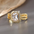 front view of the clear stone halo and pavé-style ring band