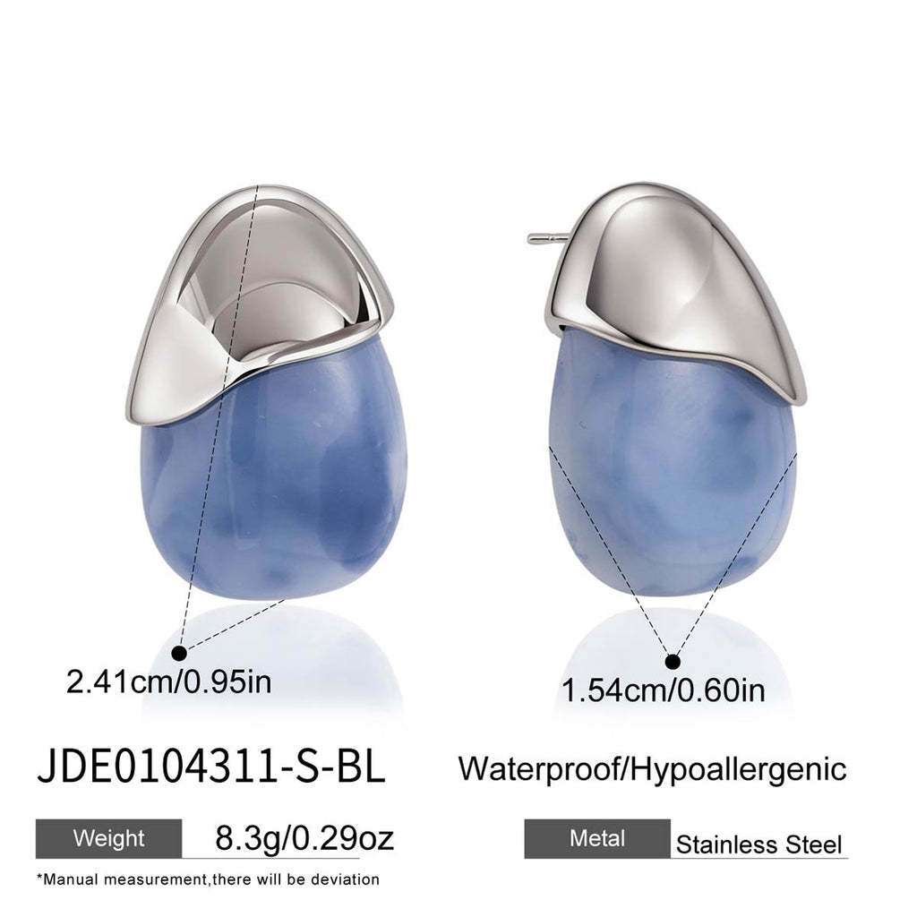 Blue resin studs with silver tone caps and size reference