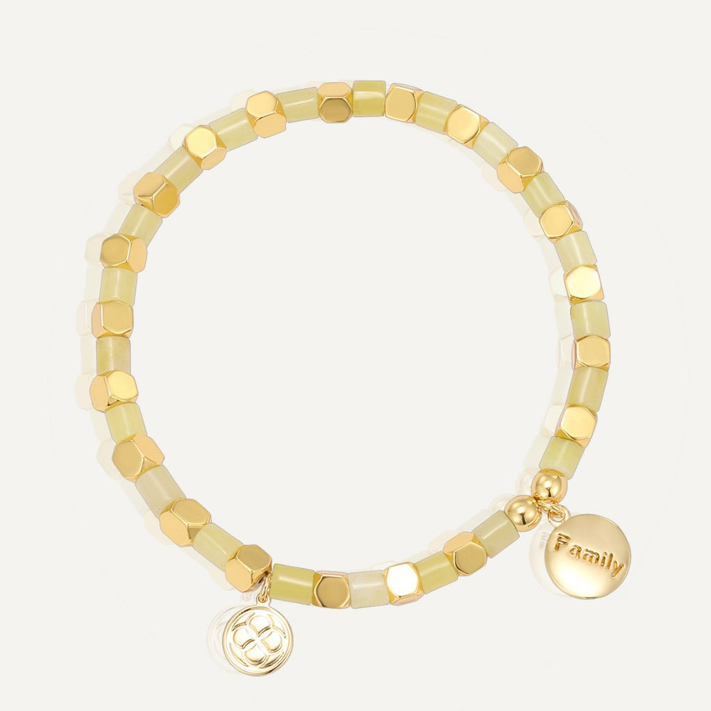 gold plated square bead bracelet with round Family plaque charm
