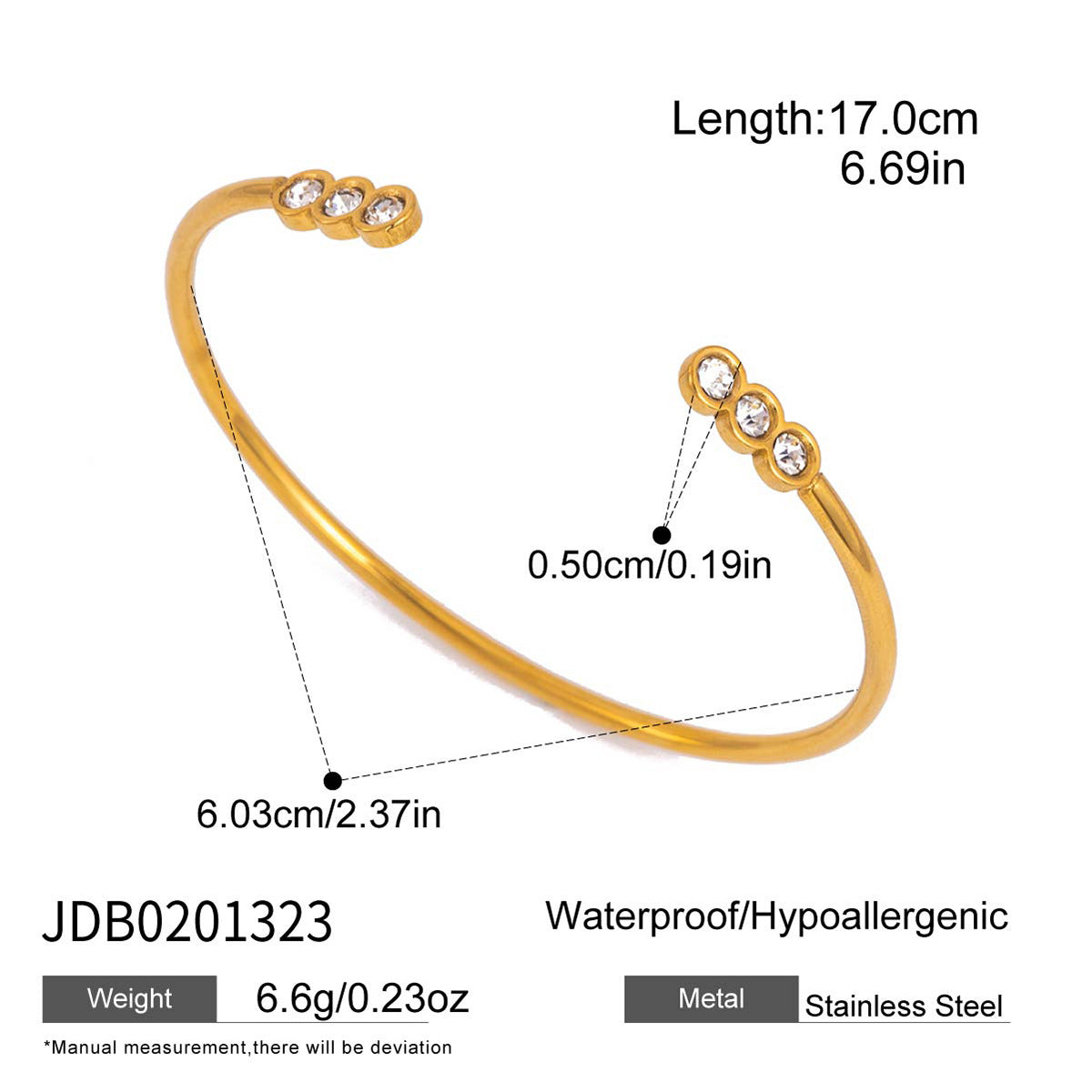 Open cuff with three-stone tips