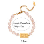 Pearl bracelet with 15 plus 5 cm length and 1.8 cm plaque width labels