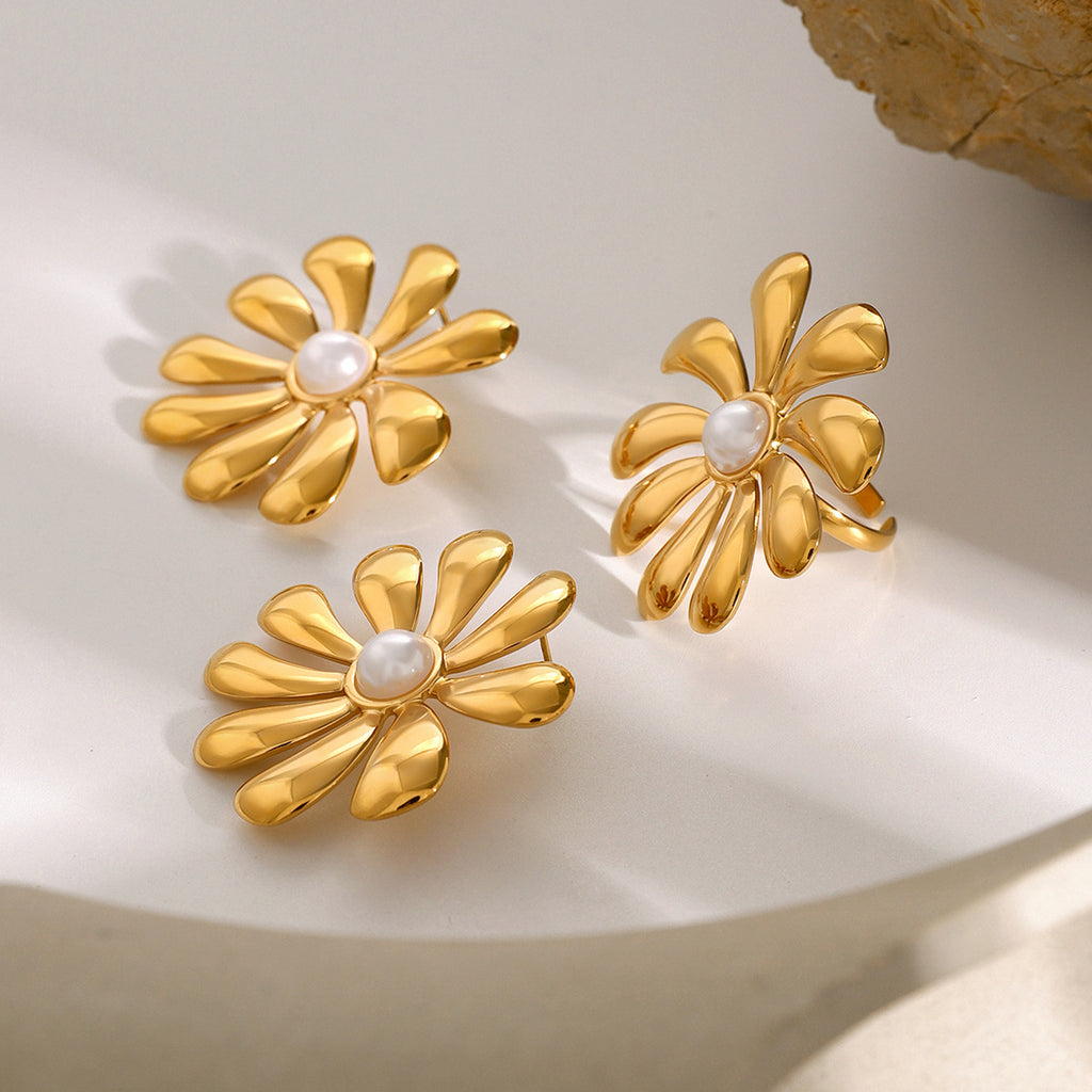 Gold Plated Stainless Steel Sculptural Flower Open Ring — styled view