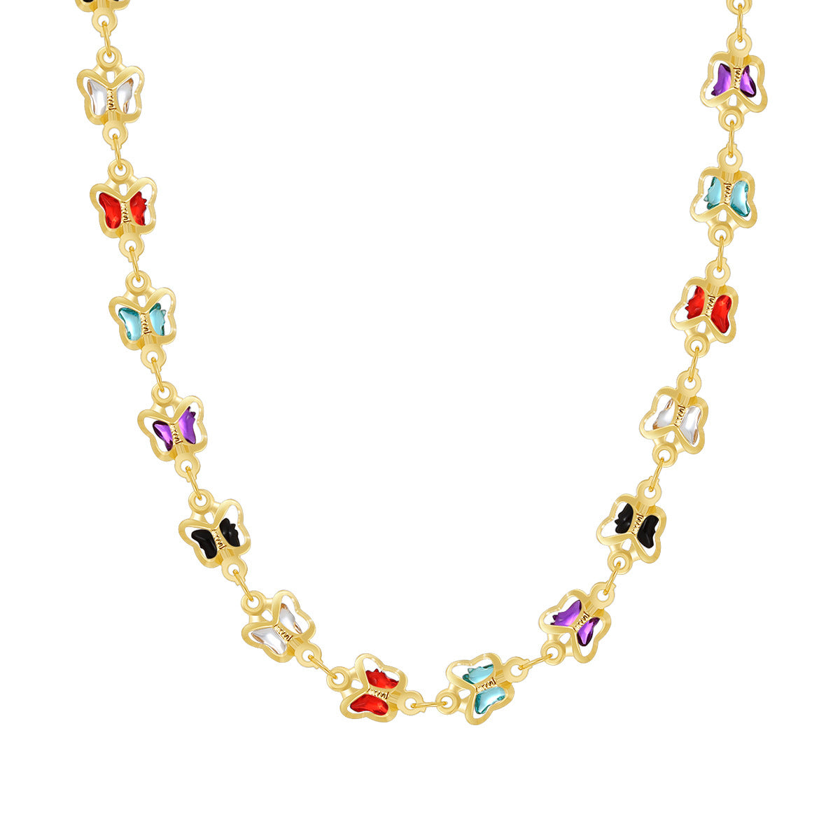 isolated full-length multicolor acrylic butterfly link necklace