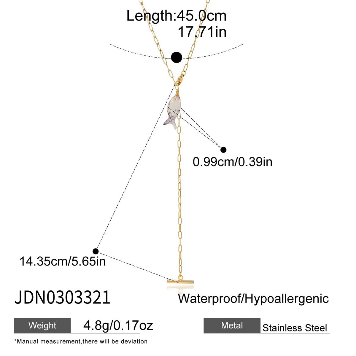 Link-chain fish necklace length and hanging section measurements