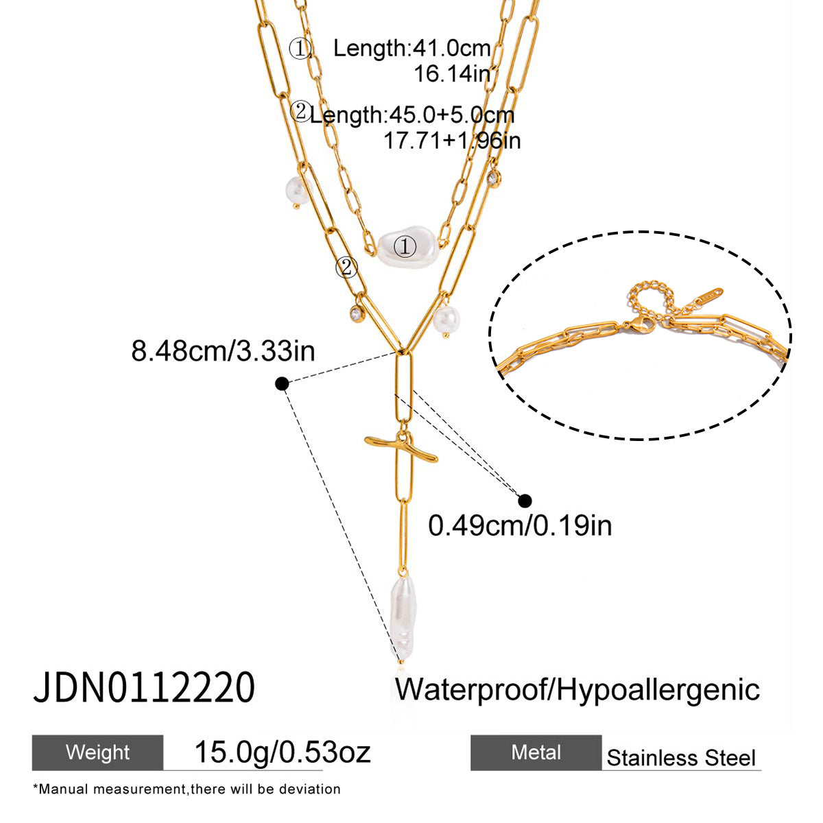 Cross and imitation pearl necklace length and clasp detail