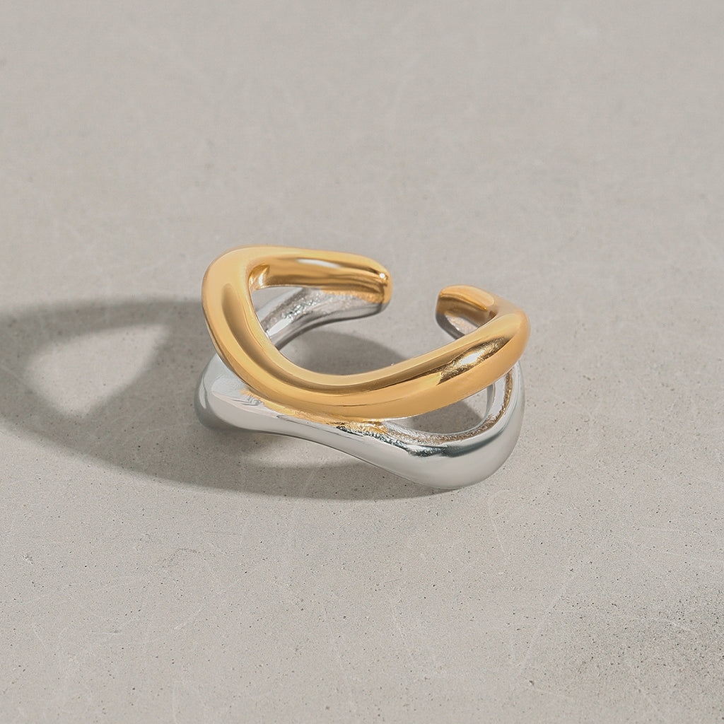 Two-Tone Stainless Steel Sculptural Double-Band Open Ring — styled view