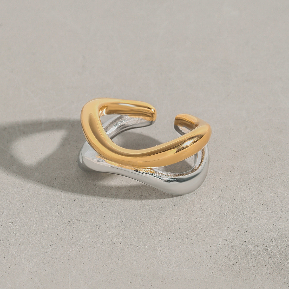 Two-Tone Stainless Steel Sculptural Double-Band Open Ring — styled view