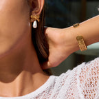 Gold-Tone Imitation Pearl Bow Drop Earrings — styled view