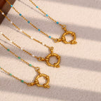 Gold Plated Stainless Steel Multicolor Bead Circle Pendant Necklace — blue bead option worn view