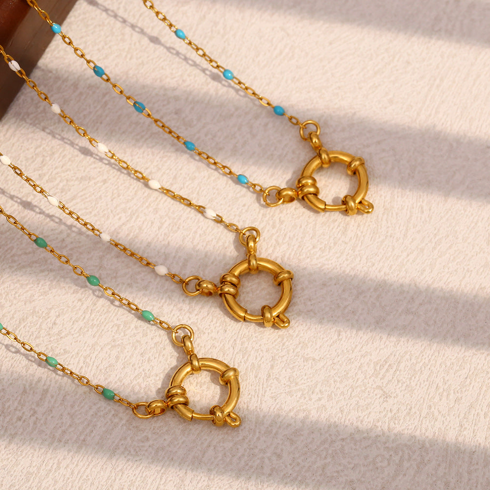 Gold Plated Stainless Steel Multicolor Bead Circle Pendant Necklace — blue bead option worn view