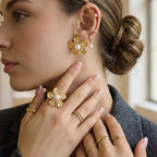 Textured flower earrings and matching ring worn with separate jewelry