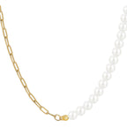 isolated gold plated brass necklace with white pearl-style beads
