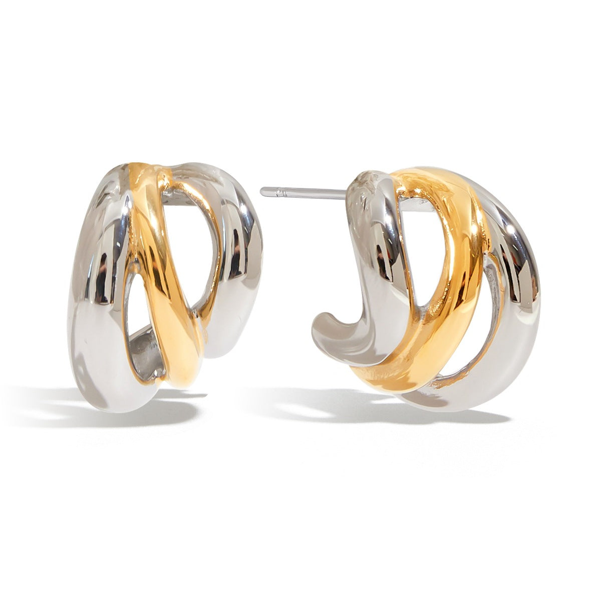 Two-Tone Layered Stainless Steel Huggie Hoop Earrings – front view