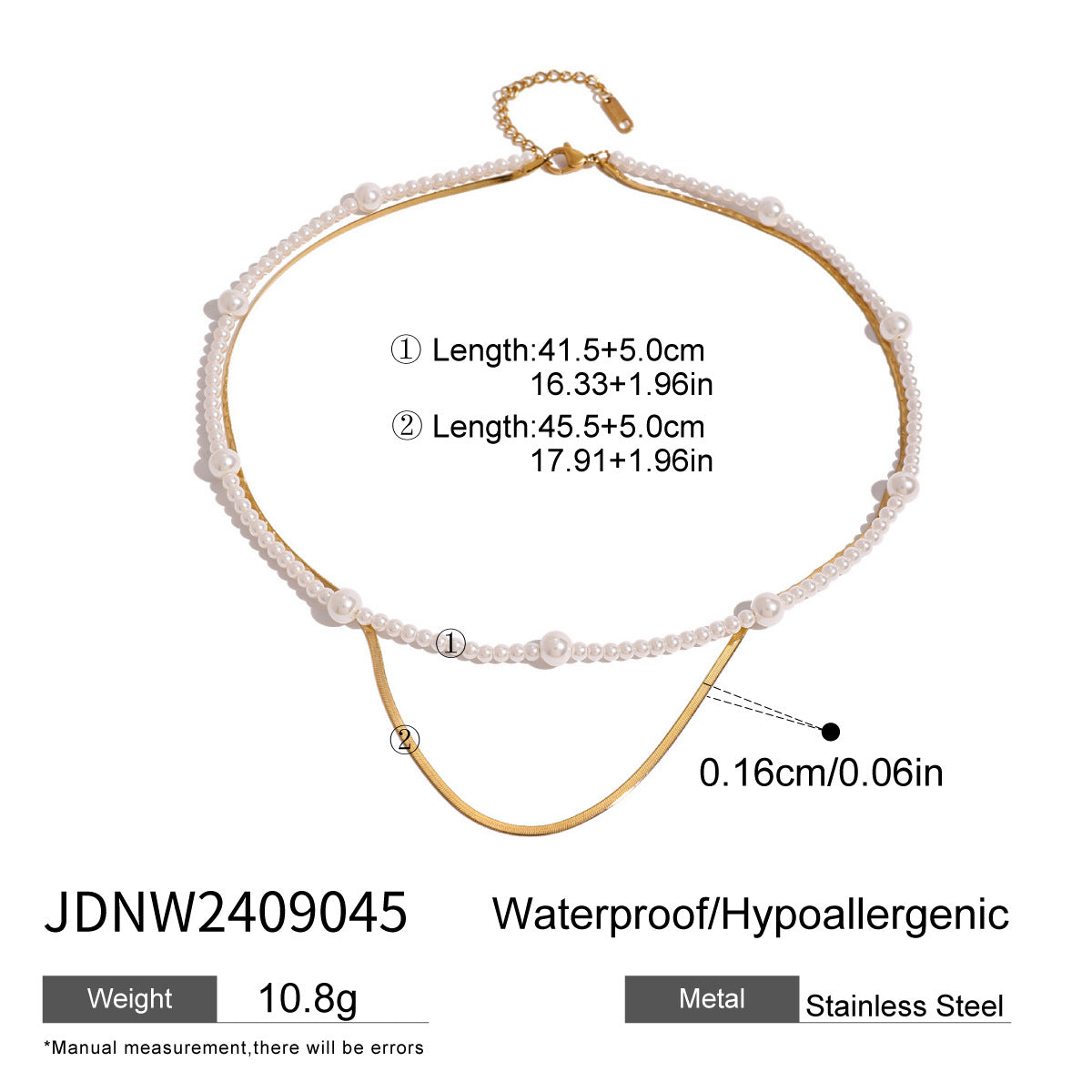 Layered necklace with separate strand lengths and chain width