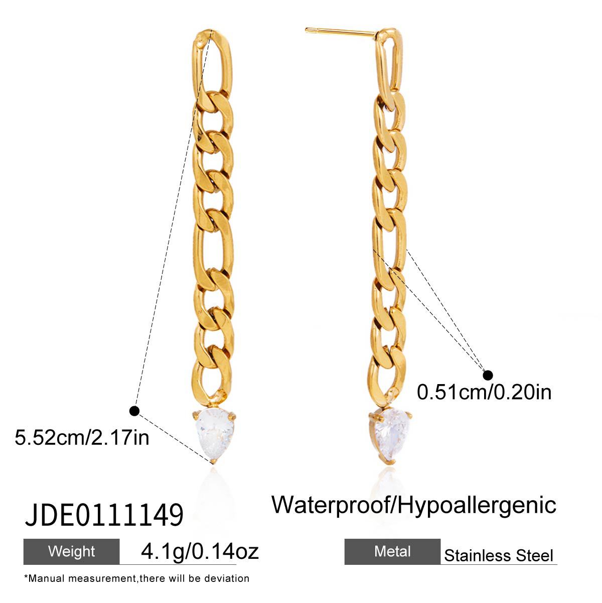 Slender link drop earring with clear heart pendant