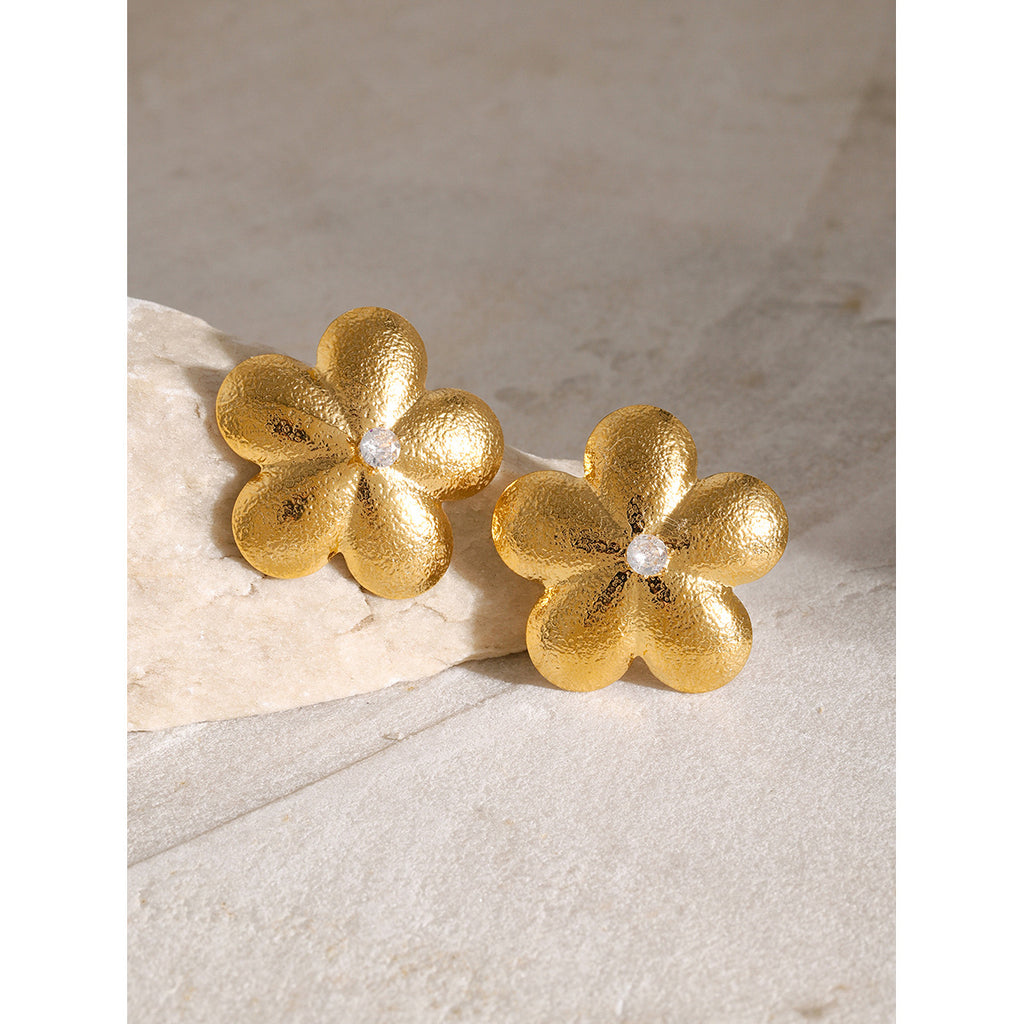 Gold Plated Clear Zirconia Floral Stud Earrings – product view 1