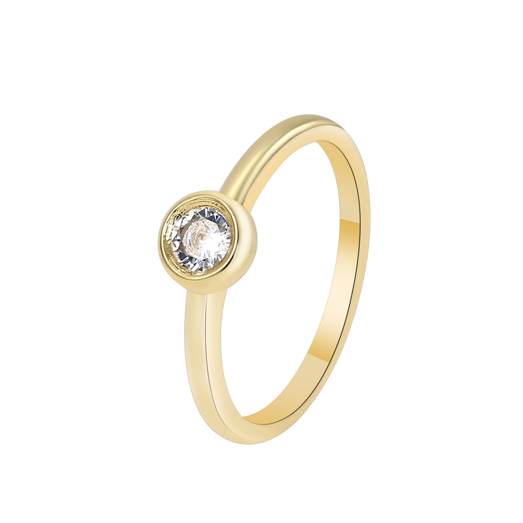 white-background view of round bezel clear stone ring