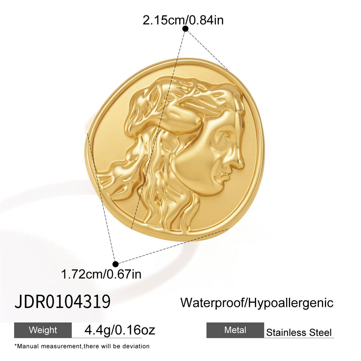 Stainless steel medallion ring with face height diagram