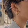 two-tone ring-accent C-hoop earring worn on ear