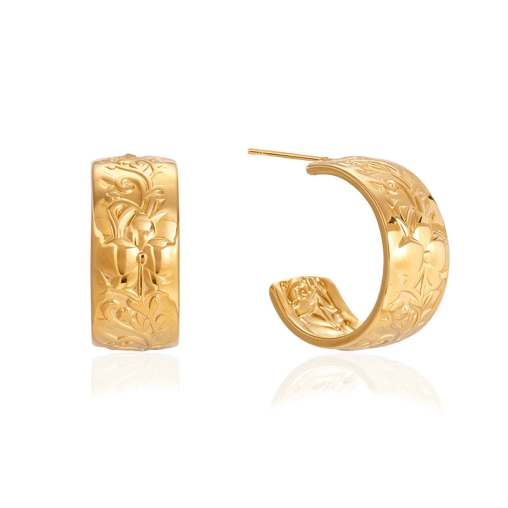 isolated gold plated floral relief wide hoop earring pair