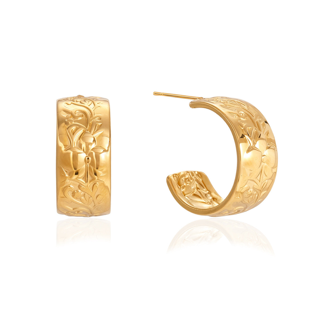 isolated gold plated floral relief wide hoop earring pair