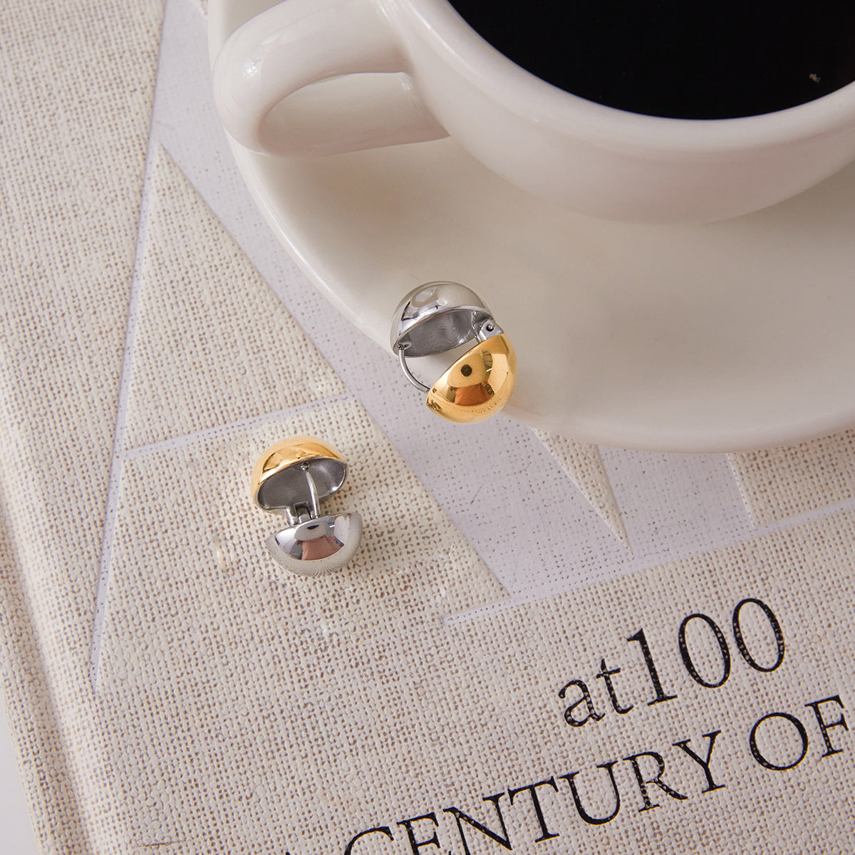 Two-Tone Half-Dome Stainless Steel Stud Earrings close-up product view