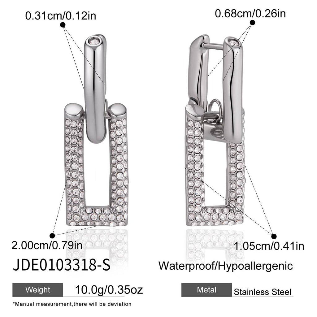 Silver tone rectangular rhinestone earring dimensions