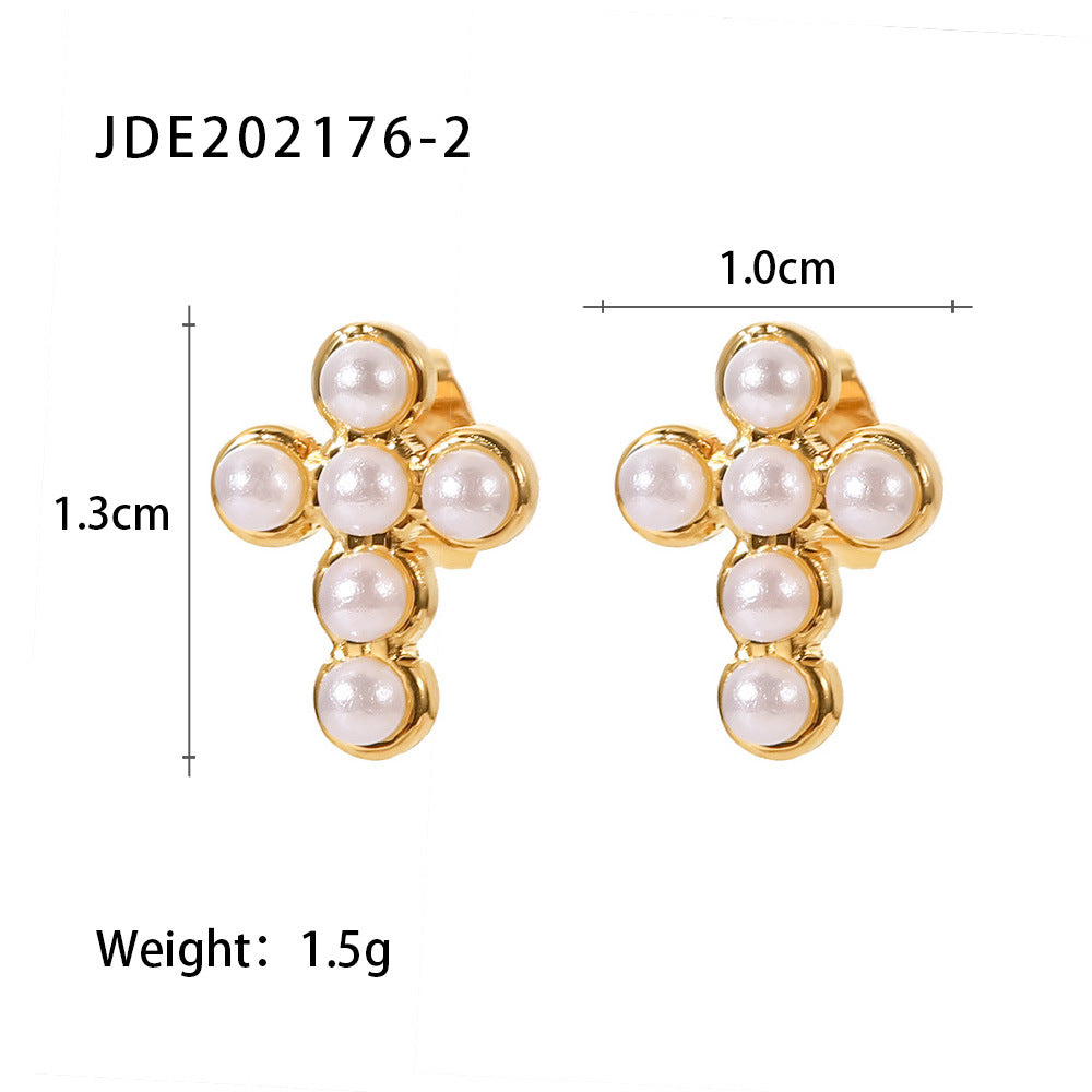 Pearl-look cross studs with 1.3 by 1.0 cm size diagram
