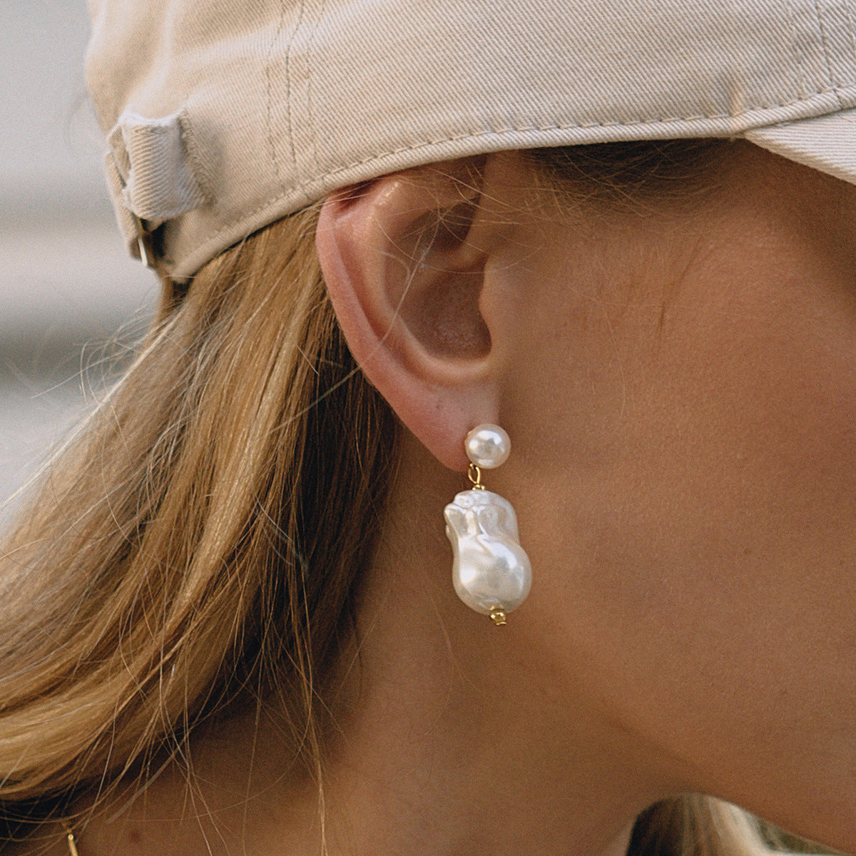 Wholesale Gold-Tone Stainless Steel Imitation Baroque Pearl Drop Earrings - front view