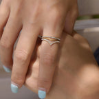 Gold tone chevron ring worn on model's hand