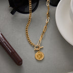 Gold Tone Coin Motif Stainless Steel Jewelry Collection — open cuff bracelet option