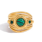 Green Striped Cabochon Stainless Steel Multi-Band Ring — close-up of the striped cabochons