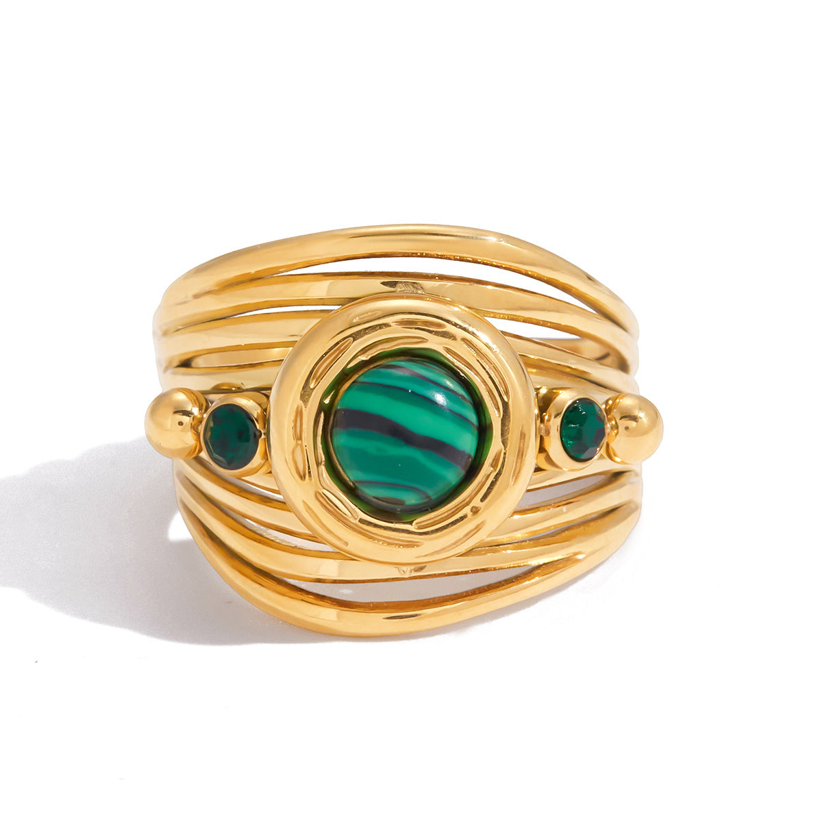 Green Striped Cabochon Stainless Steel Multi-Band Ring — close-up of the striped cabochons