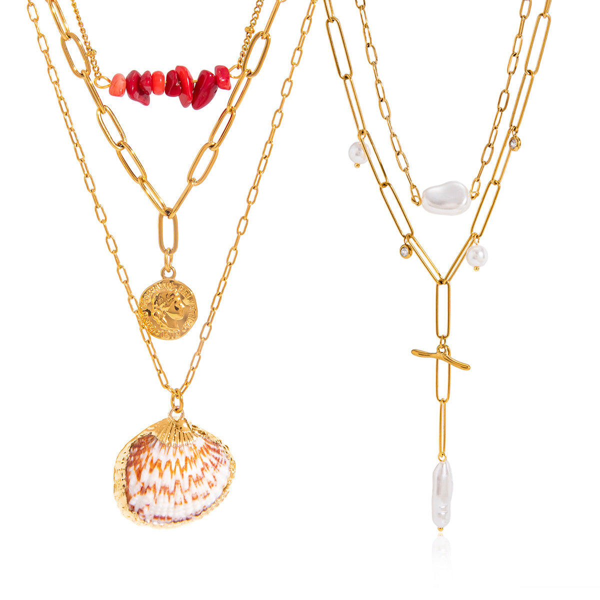 Two layered coastal necklace designs side by side