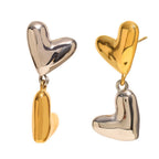 Gold Plated and Silver 316L Stainless Steel Heart Drop Earrings — mismatched two-tone heart drops