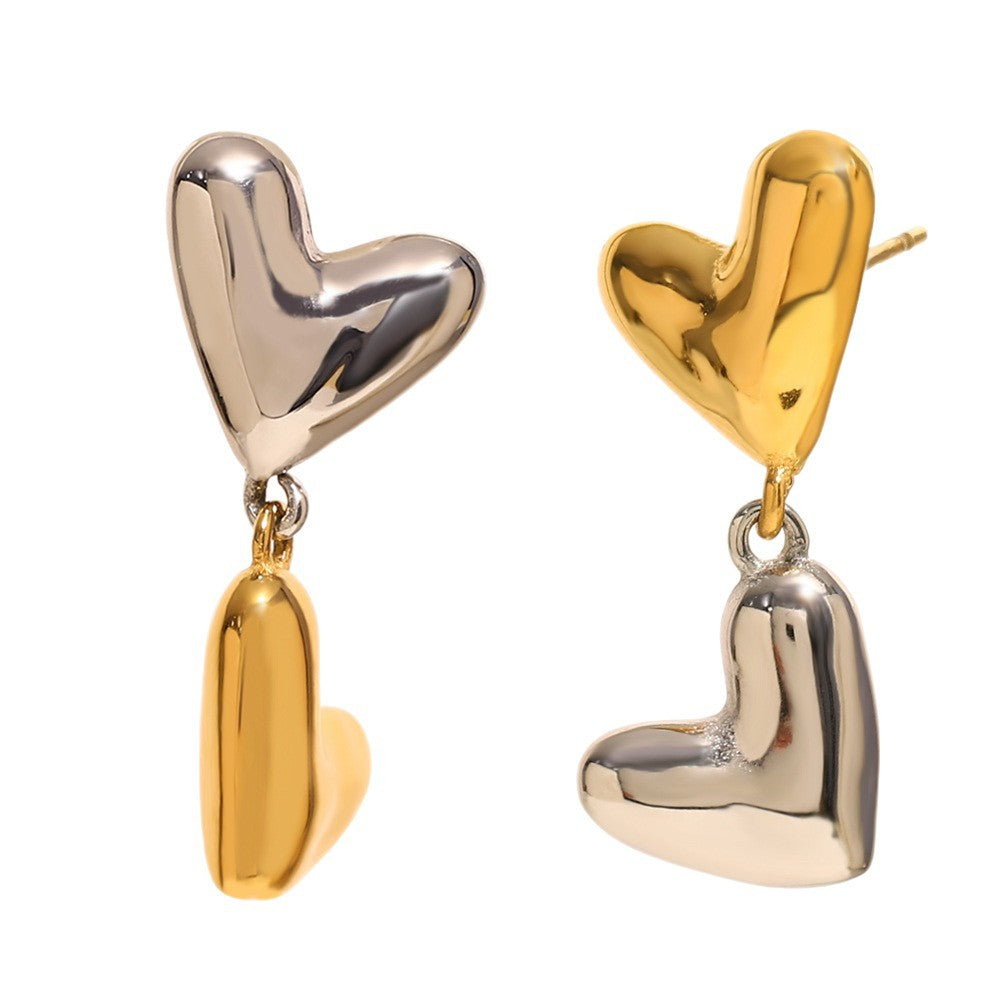 Gold Plated and Silver 316L Stainless Steel Heart Drop Earrings — mismatched two-tone heart drops