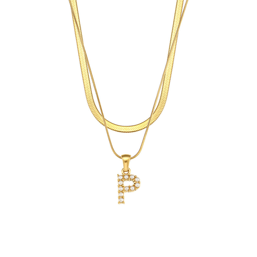 Imitation pearl letter P pendant on layered stainless steel chains