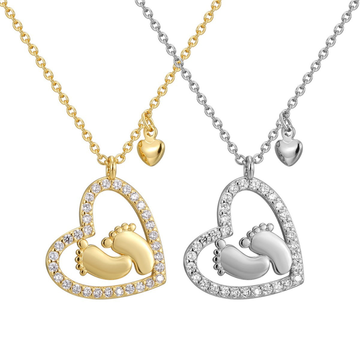 front comparison of gold plated and silver-finish footprint heart necklaces