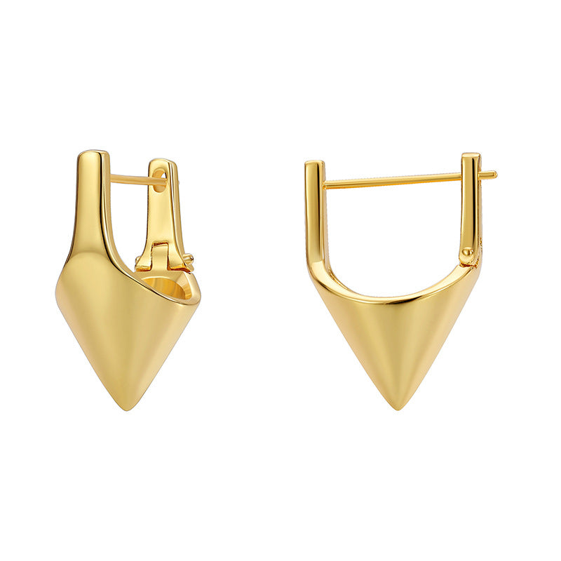 front and profile details of gold plated geometric pyramid earrings
