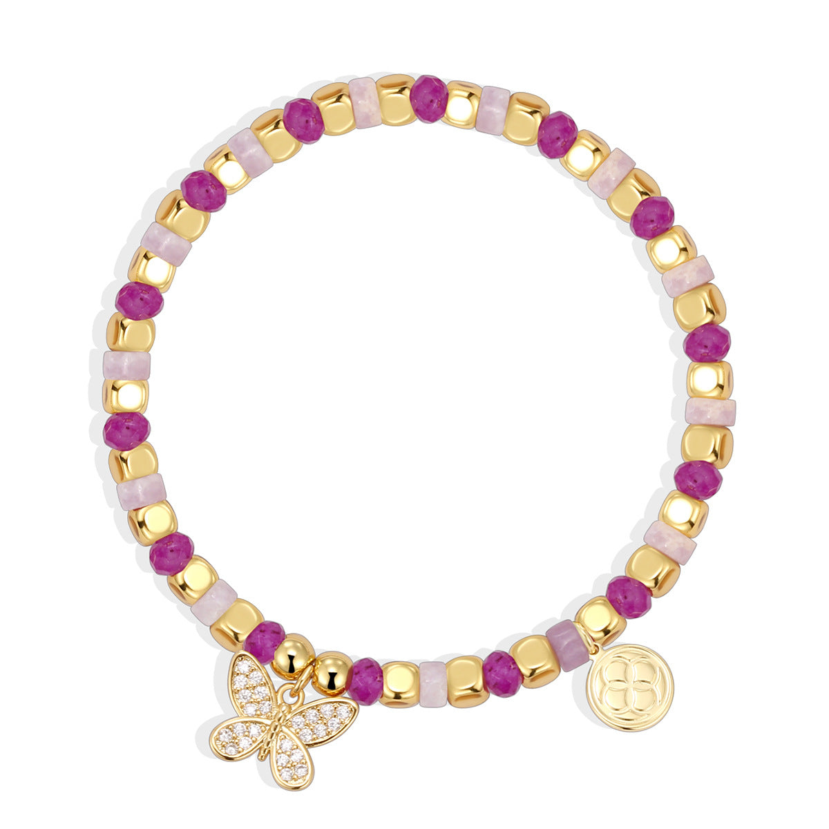 isolated pink quartz chalcedony bracelet with clear stone butterfly charm
