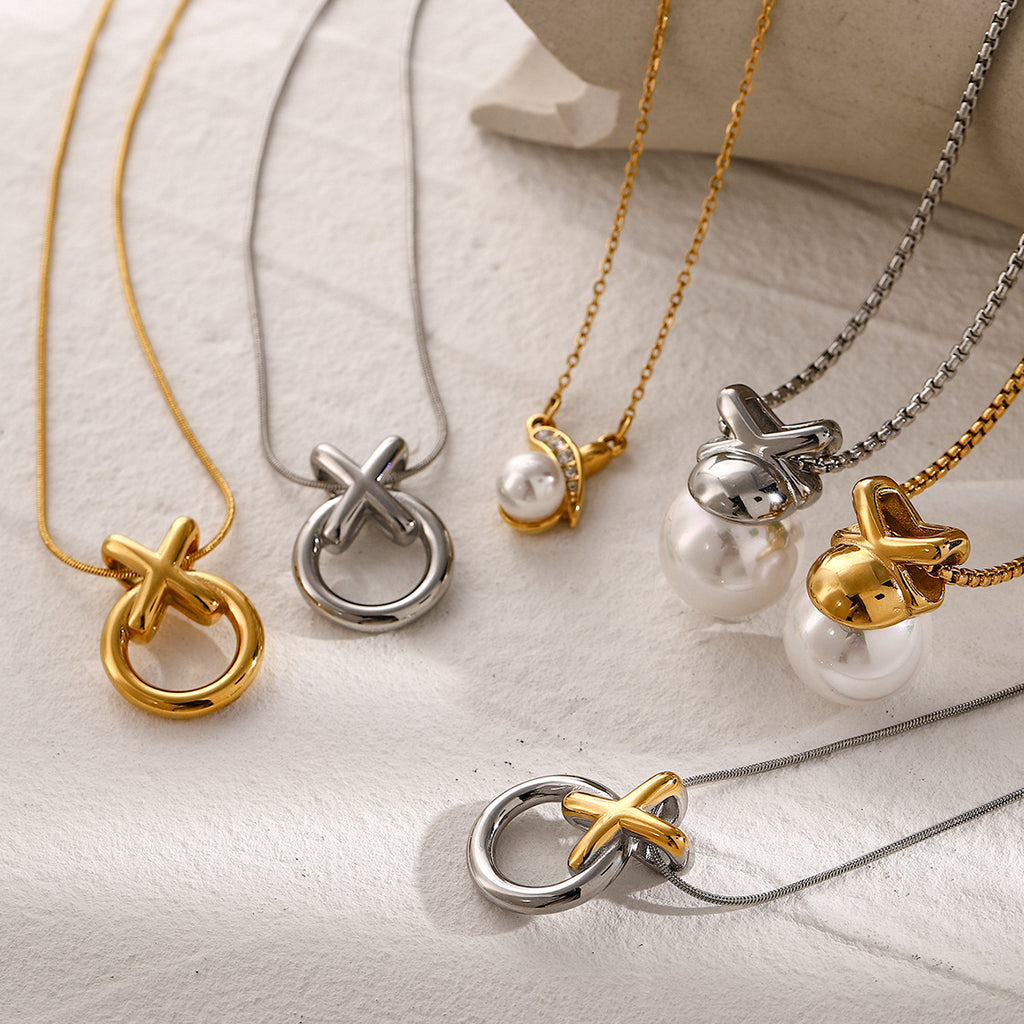 Three XO circle necklace finishes with additional pearl necklace references