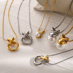 Three XO circle necklace finishes with additional pearl necklace references