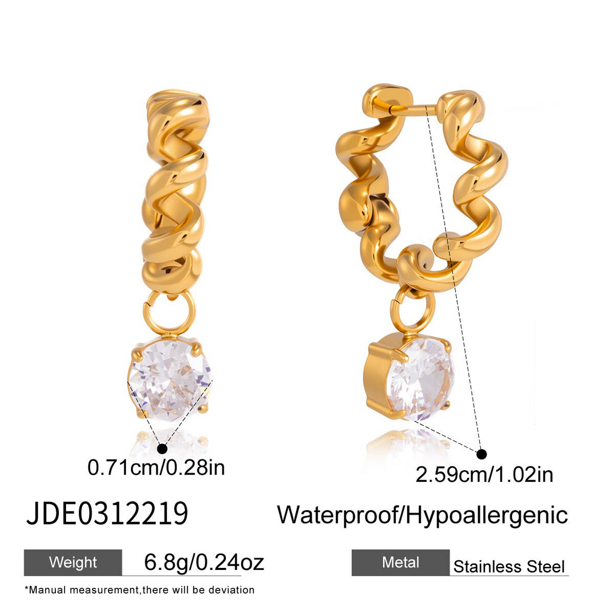 Zirconia drop hoop earrings with measurements