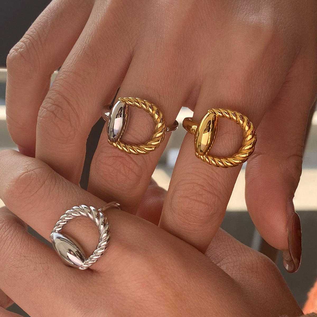 Two-Tone Textured Stainless Steel Band Ring – product view 2