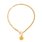 Gold Tone Coin Motif Stainless Steel Jewelry Collection — coin pearl-look earring option